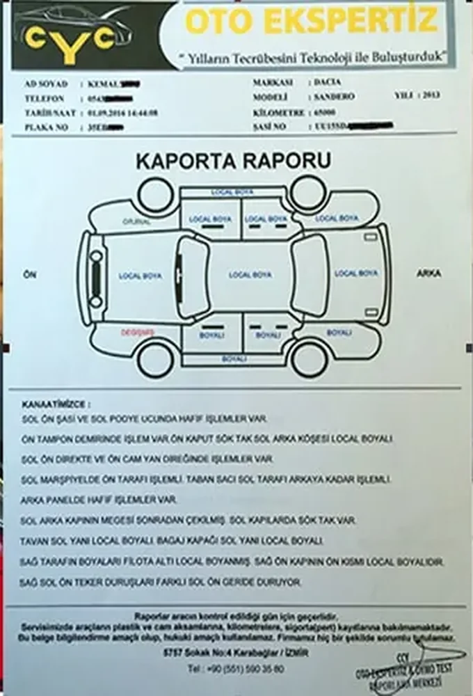 CCY Oto Ekspertiz kaporta raporu örneği: araç şeması üzerinde panel panel orijinal, lokal boya, boyalı ve değişmiş etiketleri ve kanaatimizce uzman yorumu
